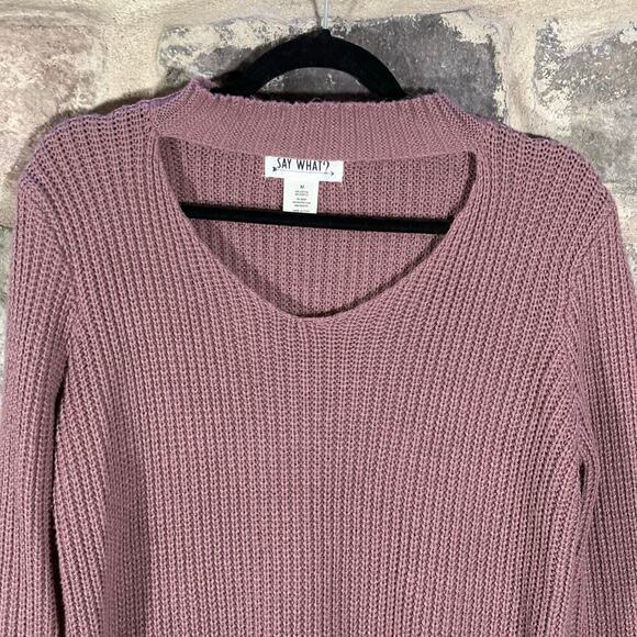 Say What Sweater Purple Peephole Cable Knit Woman's Size Medium Neutral - Picture 2 of 10